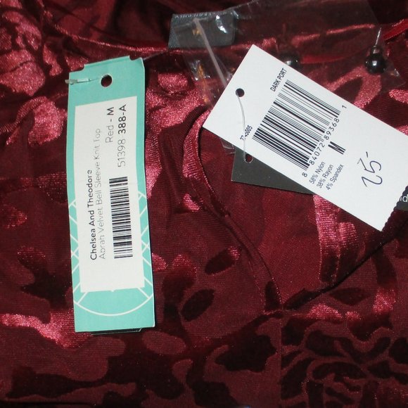 Dark Red Tunic Velvet Holiday Top Pullover Christmas Blouse M NWT Bell Sleeves - Picture 4 of 4